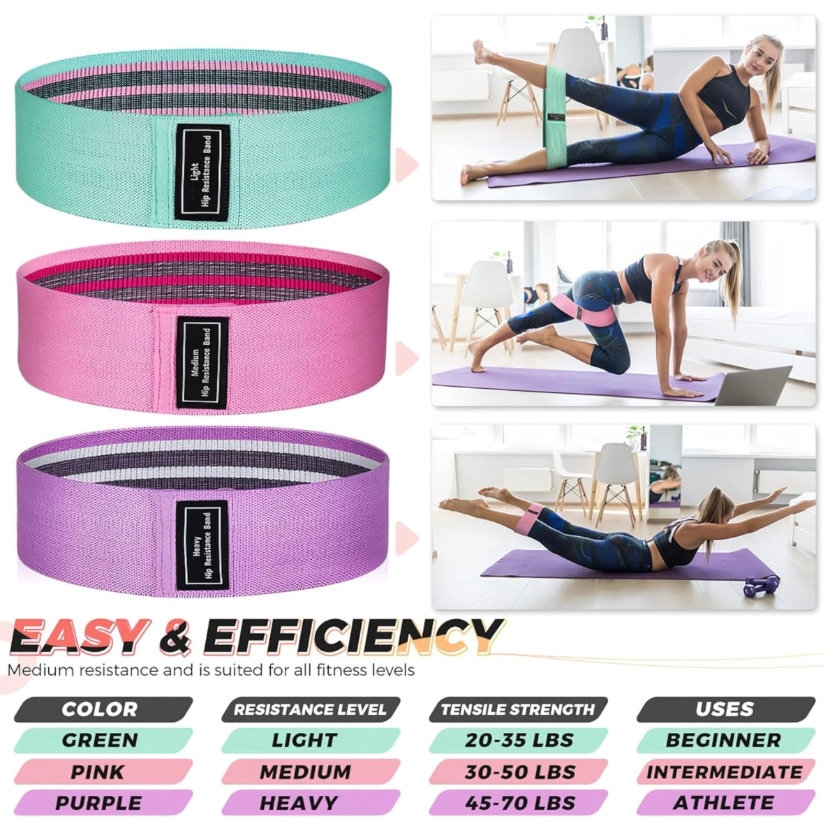 Hip Resistance Bands Set (Green, Pink, Purple)